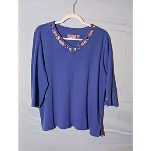 Quaker Factory Crystal Embellished 3/4 Sleeve Women's Shirt XL Purple *FLAWED*